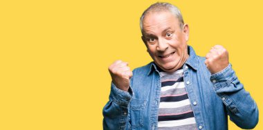 Gülümseyen ve başarı için çığlık denim ceket çok mutlu ve heyecanlı kaldırdı, silah ile kazanan jest yapıyor yakışıklı komuta sizde. Kutlama kavramı.