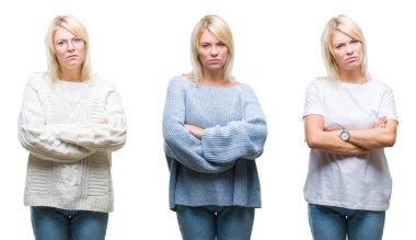 İzole arka plan üzerinde kış kazak giyen güzel sarışın kadın kolaj şüpheci ve sinir, kesişmiş kollar ile yüz üzerinde ifade onaylamıyor. Negatif kişi.