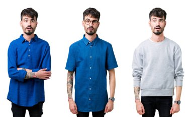 İzole arka plan korkuyor ve şok sürpriz ifade, korku ve heyecan yüz ile genç adam kolaj.