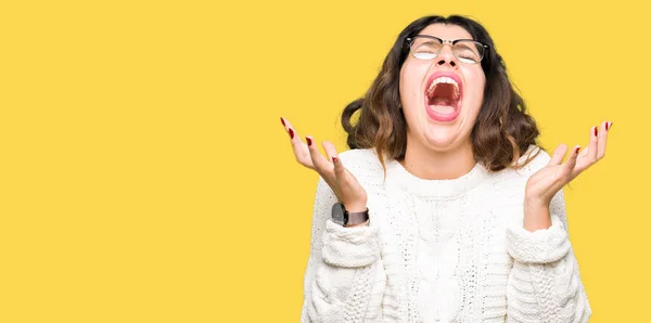 Young Beautiful Woman Wearing Glasses Celebrating Mad Crazy Success Arms — Stock Photo, Image