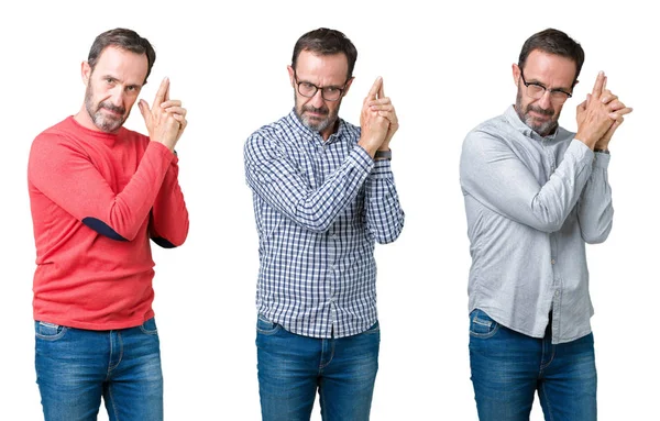 Colagem Homem Sênior Bonito Sobre Fundo Isolado Branco Segurando Arma — Fotografia de Stock