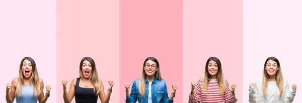 Collage Van Jonge Mooie Vrouw Roze Strepen Geïsoleerde Achtergrond Vieren — Stockfoto