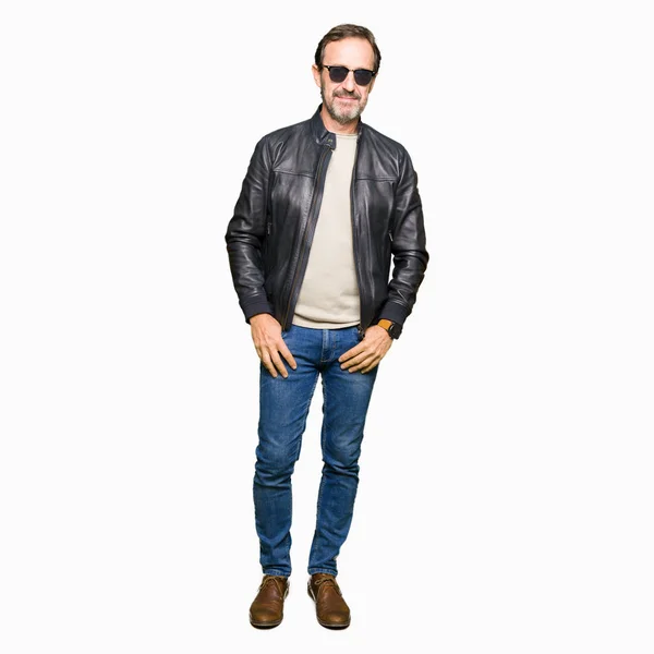 Middle Age Handsome Man Wearing Sunglasses Black Leather Jacket Serious — Stock Photo, Image