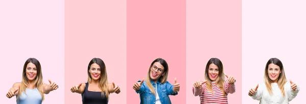 Collage Mujer Hermosa Joven Sobre Rayas Rosadas Fondo Aislado Aprobando —  Fotos de Stock