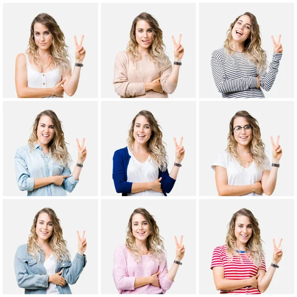 Collage of young beautiful blonde girl over isolated background smiling with happy face winking at the camera doing victory sign. Number two.