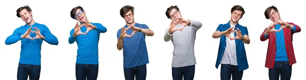 Collage Ung Man Över Vit Isolerade Bakgrund Leende Kärlek Visar — Stockfoto