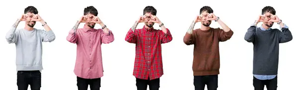 Collage Hombre Joven Sobre Fondo Aislado Haciendo Forma Corazón Con — Foto de Stock