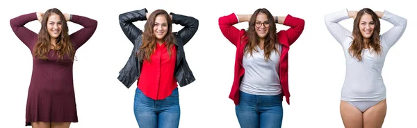 Collage Einer Schönen Size Frau Vor Isoliertem Hintergrund Die Sich — Stockfoto