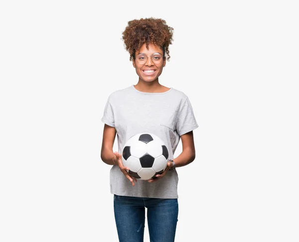 Молодих Афро Американських Жінка Тримає Футбол Футбольний Ізольованих Фону Щасливим — стокове фото