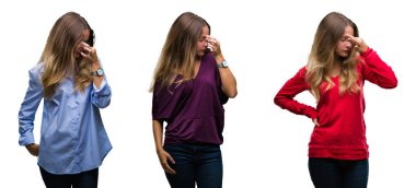 Kolaj izole arka burun ve göz yorgunluğu ve baş ağrısı duygu sürtünme yorgun genç güzel sarışın kadın. Stres ve hayal kırıklığı kavramı.