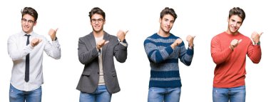 İzole arka plan üzerinde genç yakışıklı iş adamı kolaj el ve başparmak kadar arka arkasında Işaret, gülümseyen emin