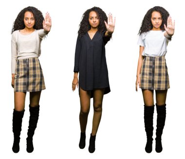 İzole beyaz arka plan üzerinde genç kadının kolaj el avuç ile şarkı durdurmak yapıyor. Yüz üzerinde negatif ve ciddi jest ile uyarı ifadesi.