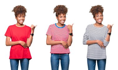 Mutlu yüz görünümlü ve başparmak yukarı ile yan işaret ile gülümseyen izole arka plan üzerinde genç güzel Afrikalı kız kolaj.