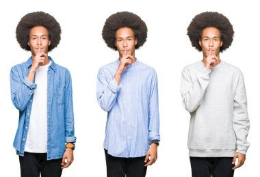 Beyaz izole arka plan üzerinde afro saç ile genç adam kolaj dudaklarında parmak ile sessiz olmak istiyor. Sessizlik ve gizli konsept.