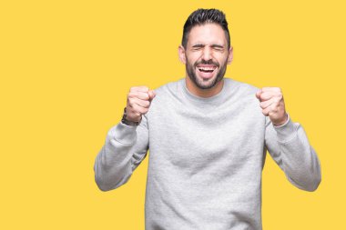 Zafer kutluyor gülümseyen izole arka kolları olan başarı için heyecan üzerinde sweatshirt giyen genç yakışıklı adam kaldırdı. Kazanan kavramı.