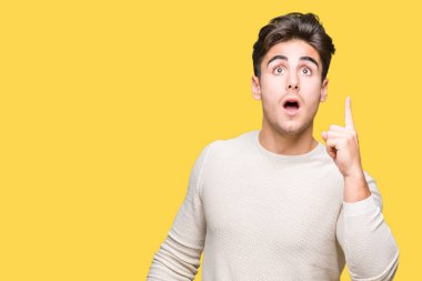 Yakışıklı delikanlı ile başarılı fikir parmağı yukarıyı izole arka plan üzerinde. Çıktıktan ve mutlu. Bir numara.