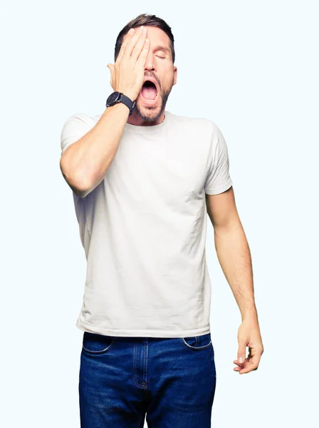 Knappe Man Dragen Casual Wit Shirt Yawning Moe Die Betrekking — Stockfoto