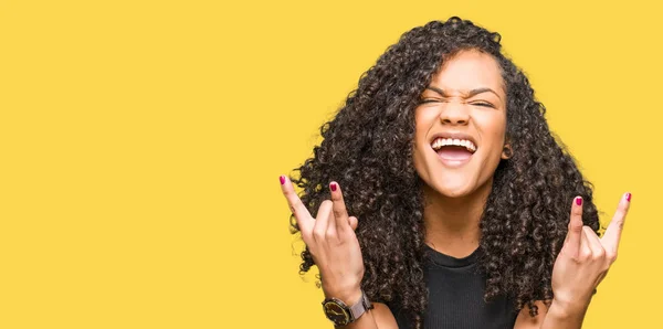 Young Beautiful Woman Curly Hair Shouting Crazy Expression Doing Rock — Stock Photo, Image