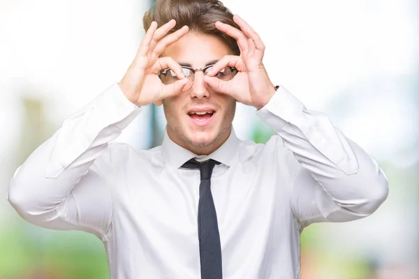 Jeune Homme Affaires Portant Des Lunettes Sur Fond Isolé Faisant — Photo