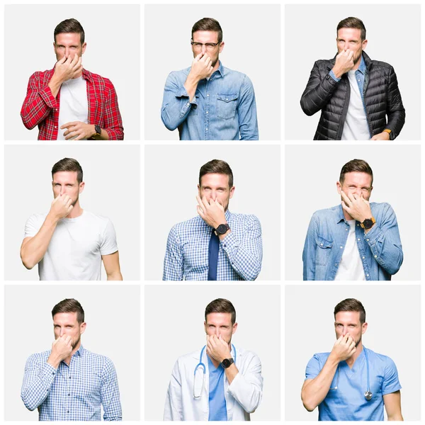 Collage Attractive Young Man White Isolated Background Smelling Something Stinky — Stock Photo, Image