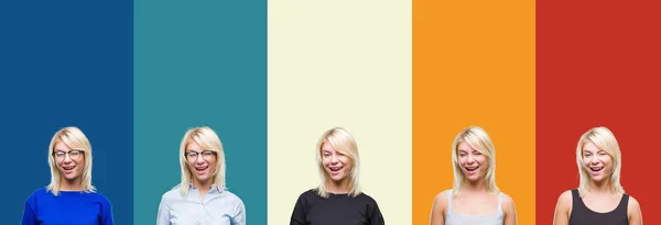 Collage Van Mooie Blonde Vrouw Kleurrijke Vintage Geïsoleerde Achtergrond Winking — Stockfoto
