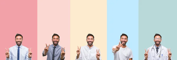Collage Bell Uomo Strisce Colorate Sfondo Isolato Sorridente Guardando Fotocamera — Foto Stock