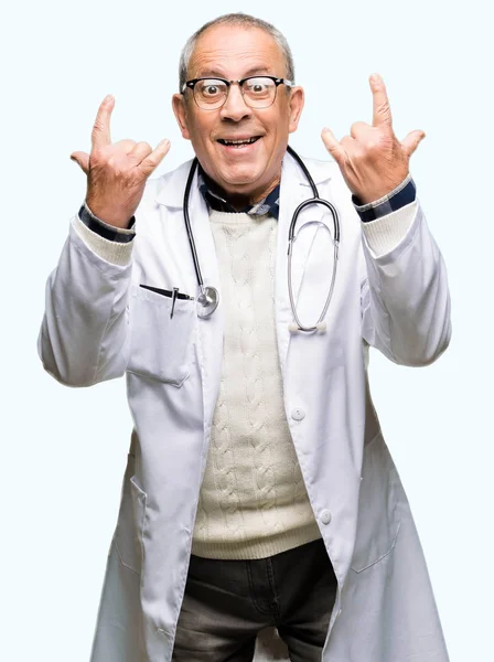 Handsome Senior Doctor Man Wearing Medical Coat Shouting Crazy Expression — Stock Photo, Image