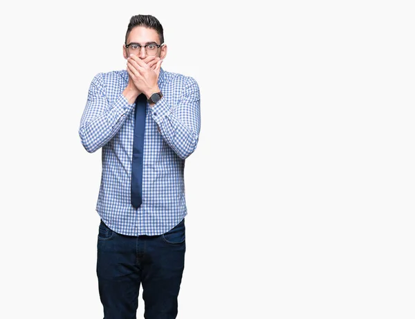Young Business Man Wearing Glasses Isolated Background Shocked Covering Mouth — Stock Photo, Image