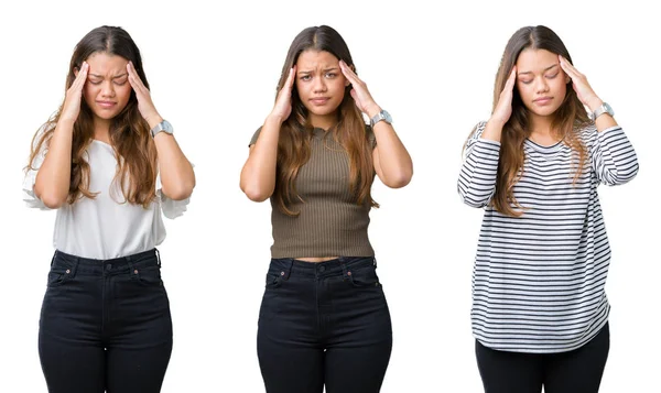 Collage Hermosa Mujer Joven Sobre Fondo Aislado Con Mano Cabeza — Foto de Stock