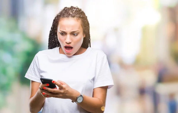 Young Braided Hair African American Girl Showing Using Smartphone Isolated — Stock Photo, Image