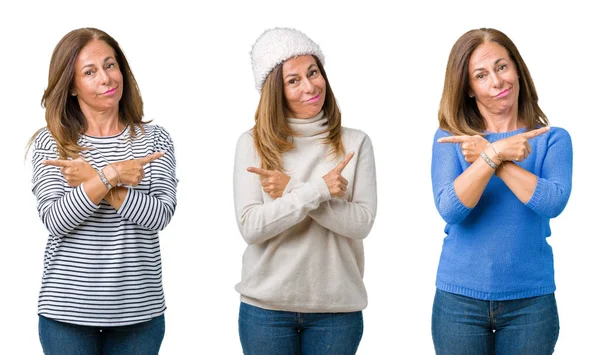 Collage Vackra Medelålders Kvinna Över Isolerade Bakgrund Pekar Båda Sidor — Stockfoto