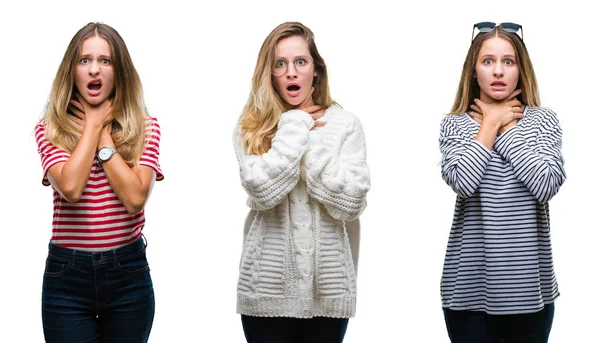 Collage Young Beautiful Blonde Woman Isolated Background Shouting Suffocate Because — Stock Photo, Image