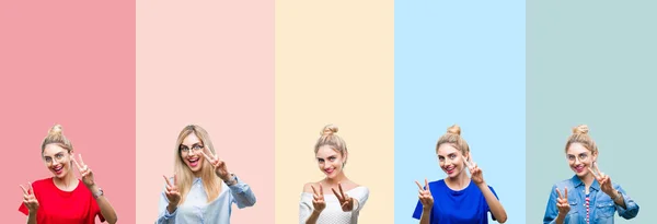 Colagem Bela Mulher Loira Sobre Listras Coloridas Fundo Isolado Sorrindo — Fotografia de Stock