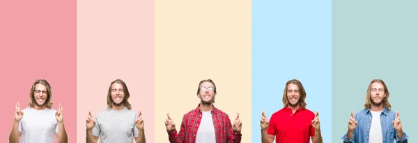 Collage Giovane Bell Uomo Strisce Colorate Sfondo Isolato Sorridente Incrociando — Foto Stock