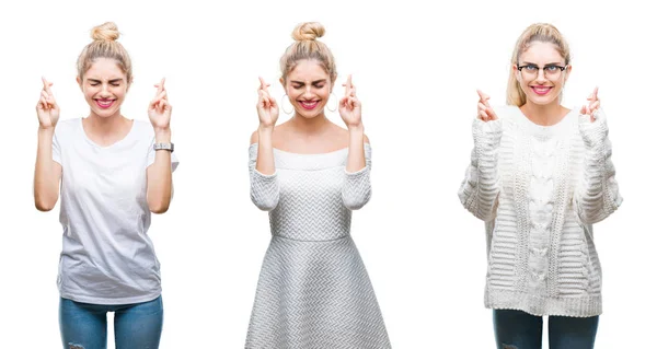 Colagem Jovem Bela Mulher Loira Sobre Fundo Isolado Branco Sorrindo — Fotografia de Stock