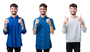 Izole arka plan başarı işareti üzerinde genç adamın kolaj el ile olumlu jest yapıyor, gülümseyerek ve mutlu başparmak kadar. Neşeli ifade ile kameraya bakmak, kazanan jest.