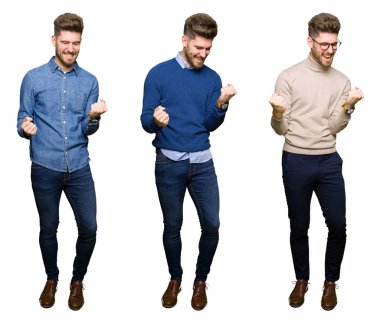 Kolaj yakışıklı genç iş adamı üzerinde beyaz bir arka plan çok mutlu ve heyecanlı gülümseyen ve başarı için çığlık kaldırdı, silah ile kazanan jest yapıyor izole. Kutlama kavramı.