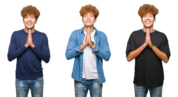 Collage Giovani Uomini Con Capelli Ricci Sfondo Bianco Isolato Pregando — Foto Stock