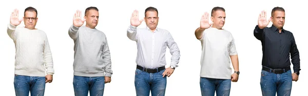 停止を行う分離の背景にアラブの中年男性の組成は 手のひらの上で歌います 顔に否定的な深刻なジェスチャーで警告式 — ストック写真