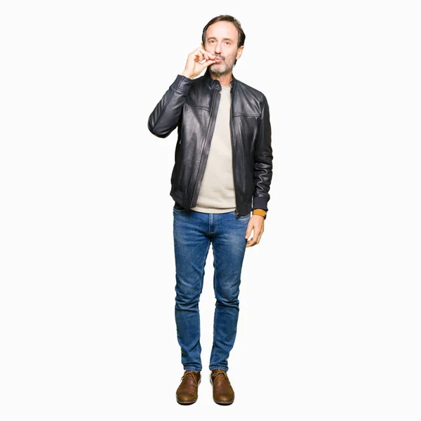 Middle Age Handsome Man Wearing Black Leather Jacket Mouth Lips — Stock Photo, Image