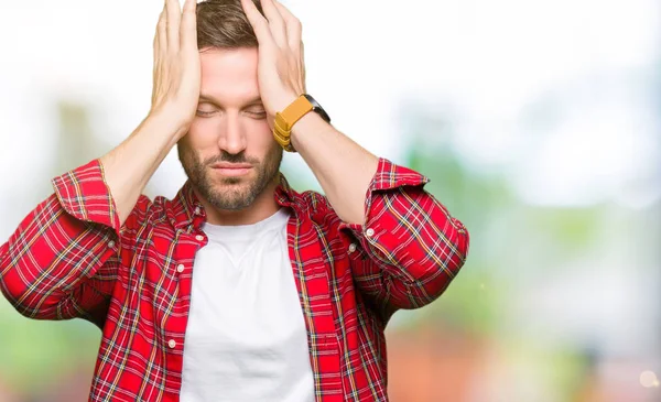 Yakışıklı Adam Rahat Gömlek Çünkü Umutsuz Stresli Baş Ağrısı Acı — Stok fotoğraf