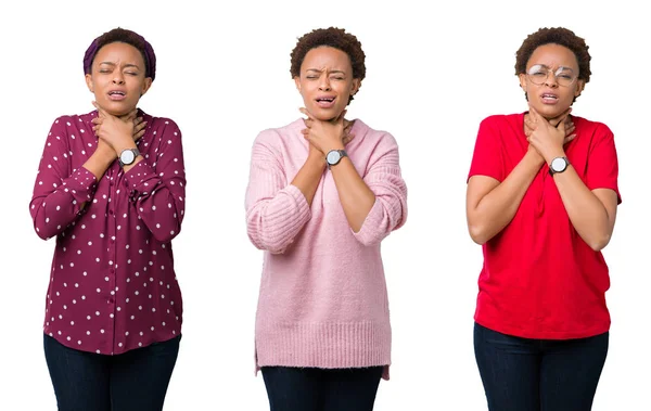 Молодая Африканская Американка Афроволосами Изолированном Фоне Кричит Задыхается Потому Болезненно — стоковое фото