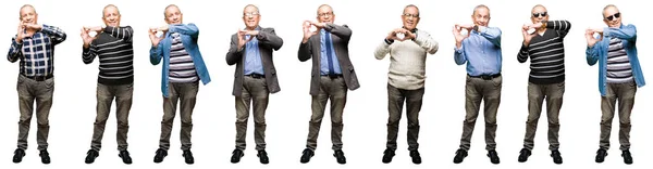 Коллаж Красивый Пожилой Человек Белом Изолированном Фоне Улыбается Любви Показывая — стоковое фото