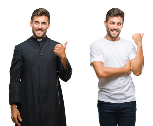 Collage Bel Giovane Sacerdote Cattolico Sfondo Isolato Sorridente Con Volto — Foto Stock