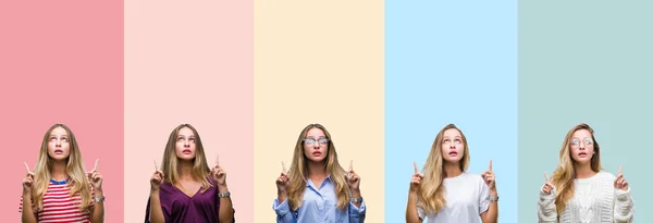 Collage Bella Giovane Donna Strisce Colorate Sfondo Isolato Stupito Sorpreso — Foto Stock