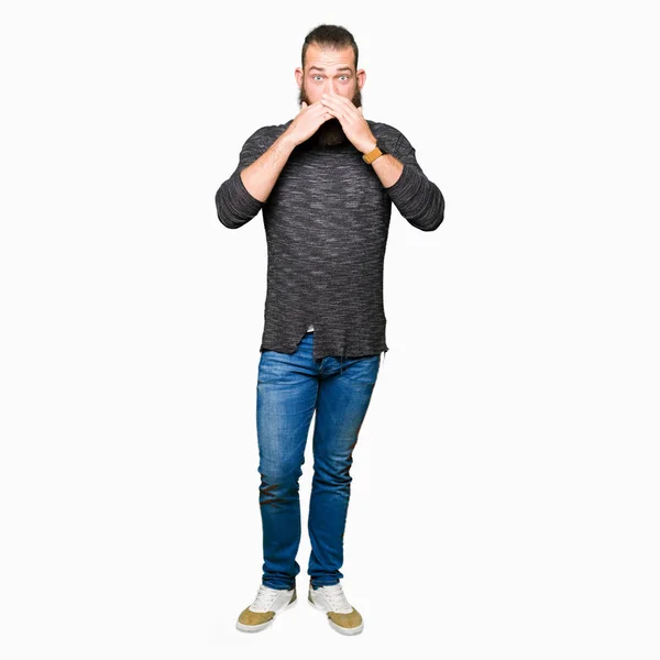 Young Blond Man Wearing Casual Sweater Shocked Covering Mouth Hands — Stock Photo, Image