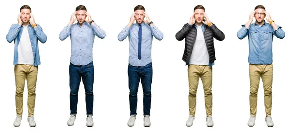 Collage Van Aantrekkelijke Jonge Man Witte Geïsoleerde Achtergrond Met Hand — Stockfoto
