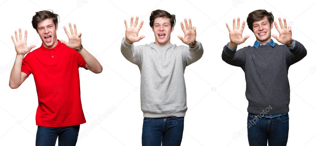 Collage of young man over white isolated background showing and pointing up with fingers number nine while smiling confident and happy.