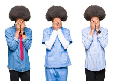 Kolaj bir süre ağlayan yüz eller ile kapsayan üzgün ifade ile beyaz izole arka plan üzerinde afro saçlı genç adam. Depresyon kavramı.