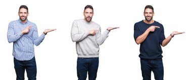 Beyaz izole arka plan üzerinde yakışıklı iş adamı kolaj şaşırttı ve el ile sunarken kameraya gülümseyerek ve parmak ile işaret.